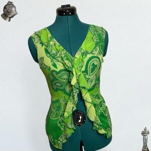 Bob Mackie 100% silk green paisley beaded ruffle blouse